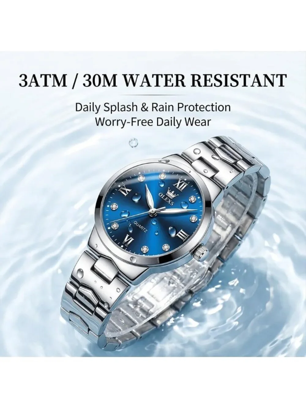 Women's Blue and Silver Analog Quartz Waterproof Stainless Steel Band Watch